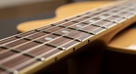 Fototapeta premium Close up of electric guitar fretboard and strings with warm tones