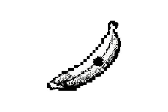 Banana fruit pixel art illustration in a retro 1-bit style, featuring classic macintosh computer screen aesthetic with dithered shading
