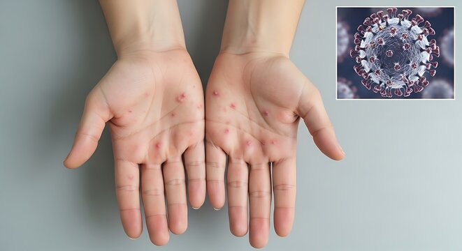 Hands with rash and poxvirus infection symptoms with a virus