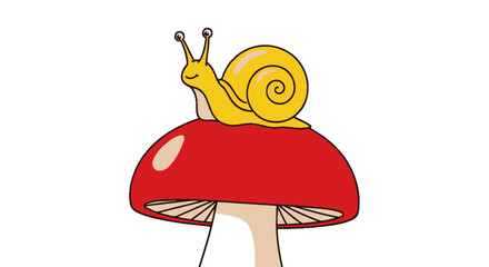 Cute cartoon snail sitting on a red mushroom, isolated on white. © Juli