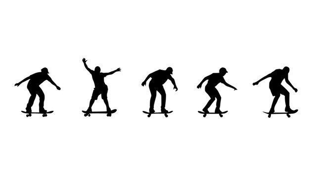 Skateboarders skateboarding on skate boards silhouette people set. 