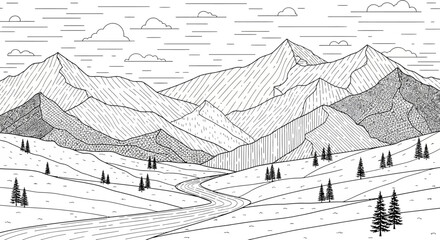 Fototapeta premium Detailed line art illustration of a majestic mountain landscape with a winding river, rolling hills, evergreen trees, and clouds in a minimalist vector style.