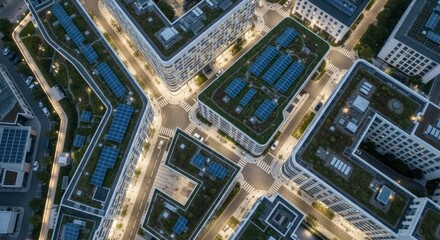 Obraz na płótnie Canvas Aerial view modern sustainable city block night with green roofs solar panels on buildings, for innovative urban planning commitment to environmental success
