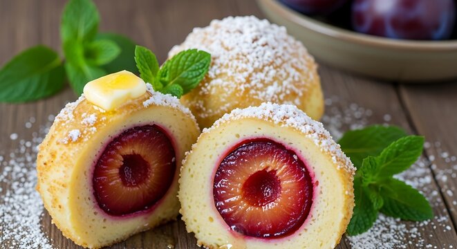 Close up of plum dumplings with powdered sugar and mint on wooden surface