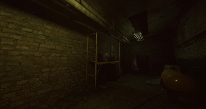 Fluorescent lit maintenance storeroom with concrete walls and simple table, cool white lighting, sparse equipment, visible ceiling conduit and practical
