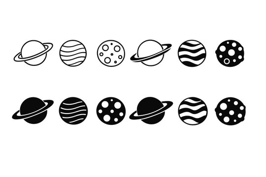 Collection of black planet vector icons featuring celestial bodies with rings, stripes, and craters; set of minimalist space symbols for astronomy, science, and galaxy exploration projects.