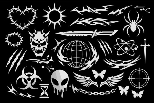 Aggressive Y2K Cybercore Graphic Element Kit for Streetwear Apparel and Edgy Branding Designs Featuring Gothic Tribal Flames Skull Alien Biohazard Heart Thorns Spider and Futuristic Vector Art
