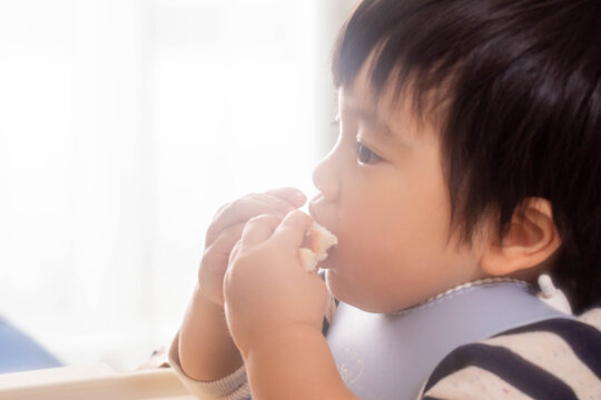 パンを食べる幼児のクローズアップ（手づかみ食べ・日常の食事風景）