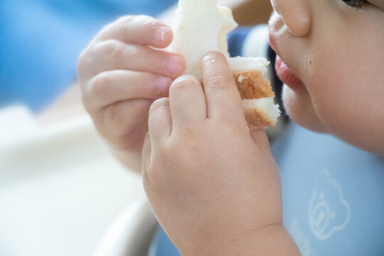 パンを食べる幼児のクローズアップ（手づかみ食べ・日常の食事風景）