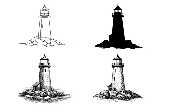 Four lighthouse vector illustrations in diverse artistic styles including minimalist continuous line art, solid black silhouette, detailed vintage engraving, and stippled pointillism design.