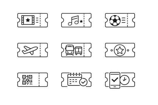 Simple Ticket and Entry Pass Icon Line Set for Cinema, Concert, Sport, Flight, Transport, VIP, QR Code, Booking, and Mobile Digital Access. Vector Illustration of Event Vouchers and Coupons.