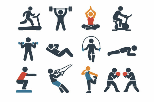 Fitness and Gym Exercise Icon Set Featuring Vector Illustrations of People Working Out, Running, Weightlifting, Yoga, Cycling, Boxing, and Stretching for Healthy Lifestyle and Sports Design