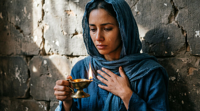 Mary Magdalene weeps in faith, holding light of sorrow and devotion in silence.