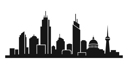 Naklejka premium Modern City Skyline Silhouette Vector Icon. Urban landscape with diverse architecture, tall skyscrapers, and classic buildings in black.