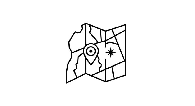 Vector line icon of a folded map with a location pin marker and star symbol, representing navigation, travel, destination, and exploration.