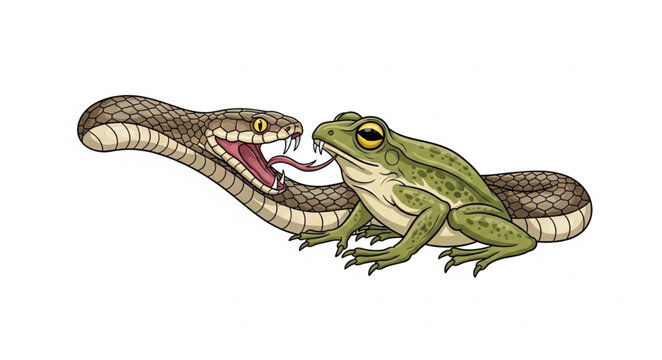 Snake attacking a frog in a moment of danger.