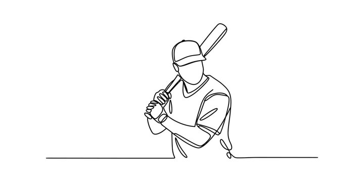Continuous line drawing of a baseball player wearing a cap and holding a bat in a ready stance Vector, illustration