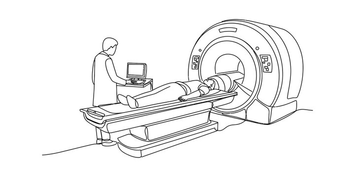 A line drawing of a patient undergoing a medical scan inside a magnetic resonance imaging machine Vector, illustration
