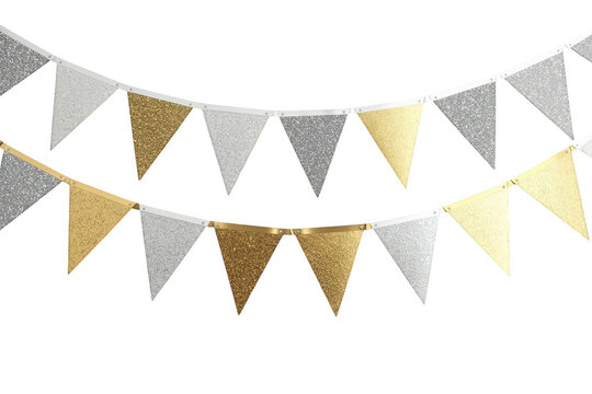 Gold and silver glitter bunting flags hanging as festive party decoration, celebration garland on transparent background