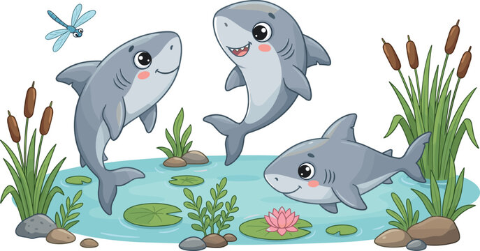 Cute Cartoon Sharks Playing in Pond with Water Lily, Dragonfly, and Aquatic Plants in Whimsical Nature Scene Illustration for Kids Design