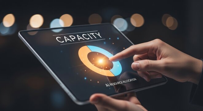 Person using digital tablet to manage ai resource allocation capacity levels, for corporate efficiency, digital transformation, strategic planning for modern business success
