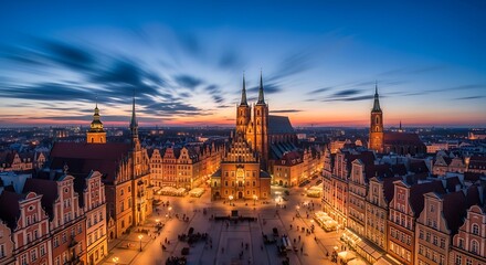 Fototapeta premium Cityscape at dusk featuring cathedral spires and illuminated buildings