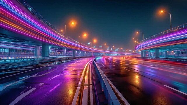 Vibrant light trails on a modern highway create a dynamic and energetic scene. Ideal for illustrating progress, connectivity, and urban movement in ma