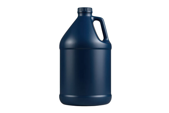 Blue plastic gallon jug with handle and cap on transparent background for cleaning chemicals or industrial liquids