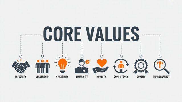 Illustration of core values represented by diverse icons and human figures Vector