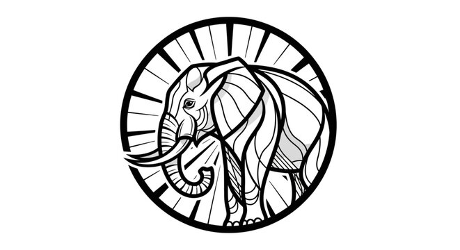 Stylized geometric black and white illustration of an elephant's head and upper body within a circular frame with radiating lines.
