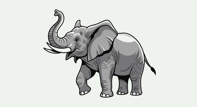Detailed black and white illustration of a majestic elephant with its trunk raised, showcasing its powerful presence and iconic tusks.