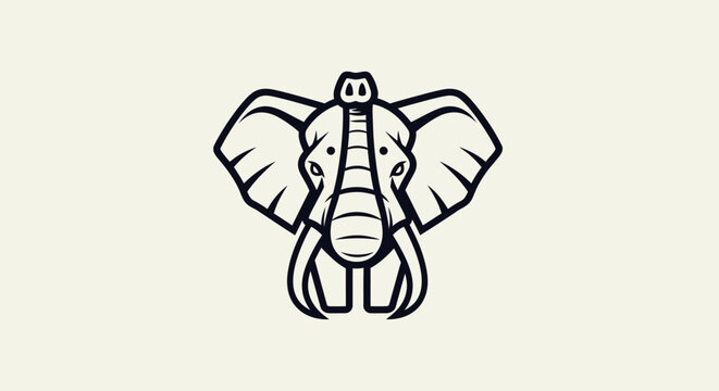 Stylized black and white illustration of an elephant's head with large ears, trunk, and tusks, facing forward on a plain background.