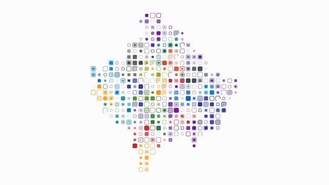 Kosovo map animation. Shape of the country with pulsating colored dots. Large size rounded square blocks. Digital style Kosovo map on white background. Creative video.