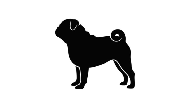 Black pug dog silhouette, isolated on white background, vector illustration
