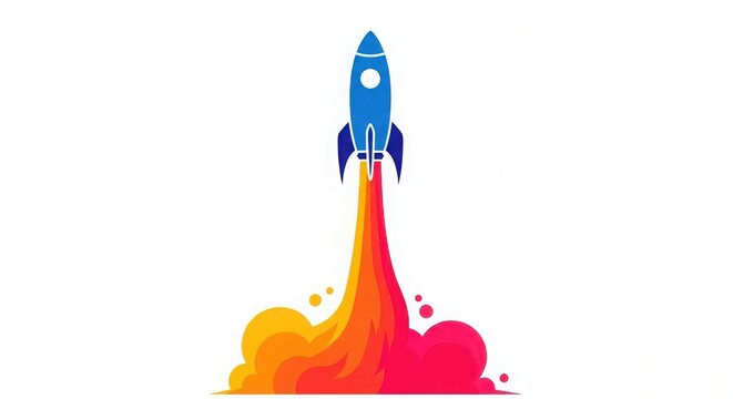 A colorful rocket ship blasting off into the sky with vibrant flames