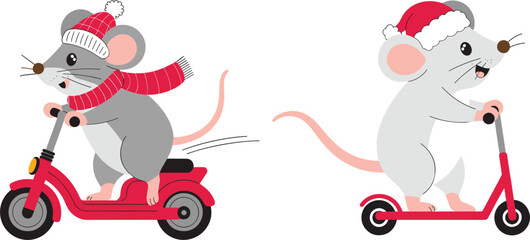 Adorable mouse characters on scooters with festive winter clothing and playful expressions