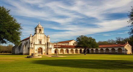 Fototapeta premium Historic architecture building with green lawn under a partly cloudy sky