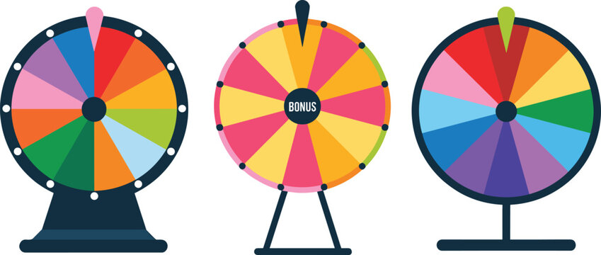 Colorful spinning prize wheels set with bonus game show and fortune design