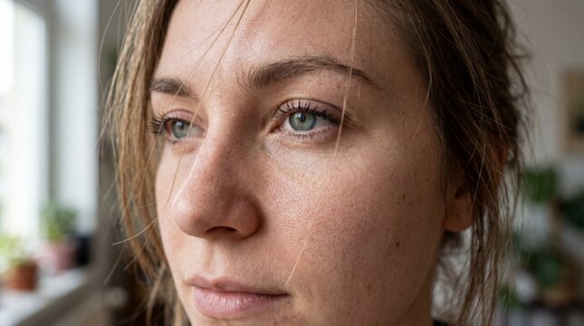Natural Skin Texture Close-Up Portrait of Young Woman in Soft Window Light