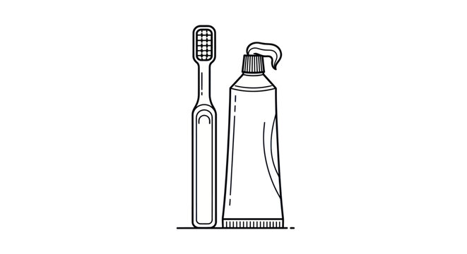 Minimalist line art of a toothbrush and toothpaste tube for dental hygiene