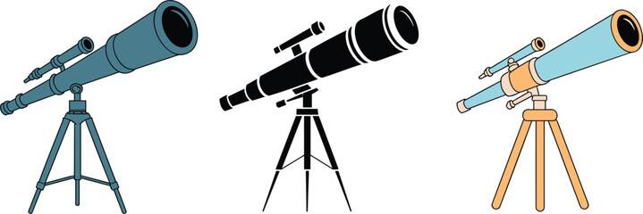 Classic telescope illustrations set with tripod stands in vintage and modern styles © Monjurul