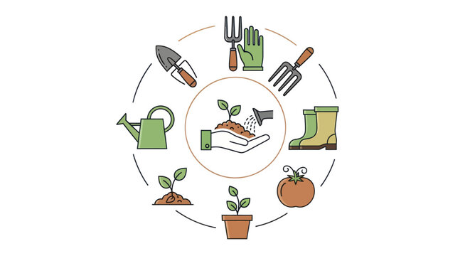 Gardening elements arranged in a circle with a central planting graphic.