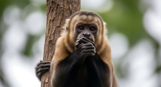 Close up of a capuchin monkey holding its hands near its mouth on a tree