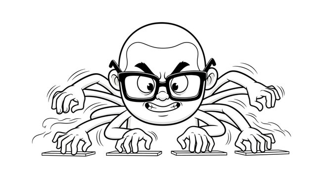 Cartoon man with multiple arms typing.