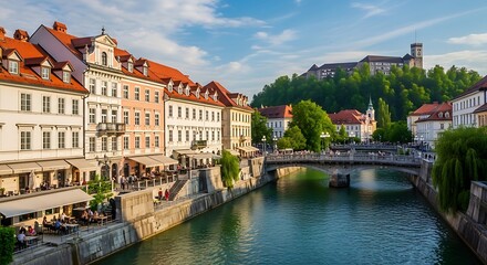 Obraz premium Historic buildings and river scene with bridge and castle on a sunny day