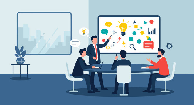 Business team meeting in a modern office setting, featuring a presentation with a lightbulb idea symbol, discussing strategies around a round table, with a cityscape view through