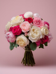 Fototapeta premium Wedding bouquet of peony and rose flowers on pink background, romantic floral arrangement for bridal design
