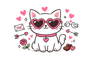 Fototapeta premium Adorable Hand Drawn White Cat Doodle Wearing Pink Heart Shaped Sunglasses for Valentine's Day. Romantic Kawaii Kitten Illustration with Hearts, Love Letter, Rose, Cupid Arrows, and Chocolate.