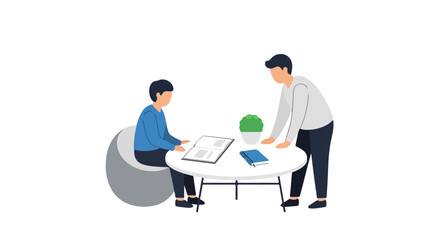 A vector illustration depicts a young student sitting at a round table reading a book while a teacher or mentor stands beside him to offer help. © Ahmad