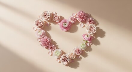 Obraz premium A beautiful heart shape made from delicate pink flowers arranged on a soft light grey surface. mother s day poster 
